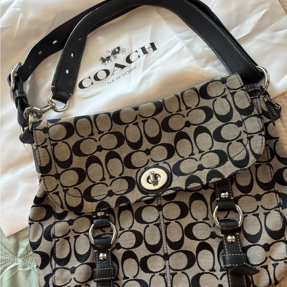 Coach Black and Tan Signature Canvas Shoulder Bag